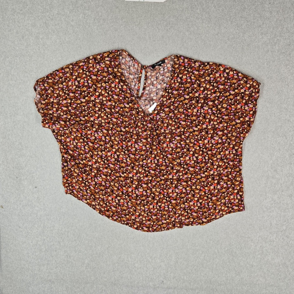 Madewell Women Blouse 2X Brown Floral Rhyme V Neck Romantic Keyhole Short Sleeve